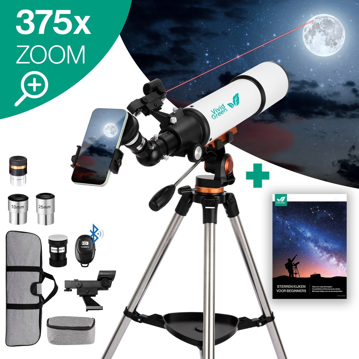 Vivid Green Telescoop Complete Set - 375x Zoom - Sterrenkijker - Geschikt Voor Kinderen En Volwassenen - Wit 1 Vivid Green Telescoop Complete Set - 375x Zoom - Sterrenkijker - Geschikt Voor Kinderen En Volwassenen - Wit