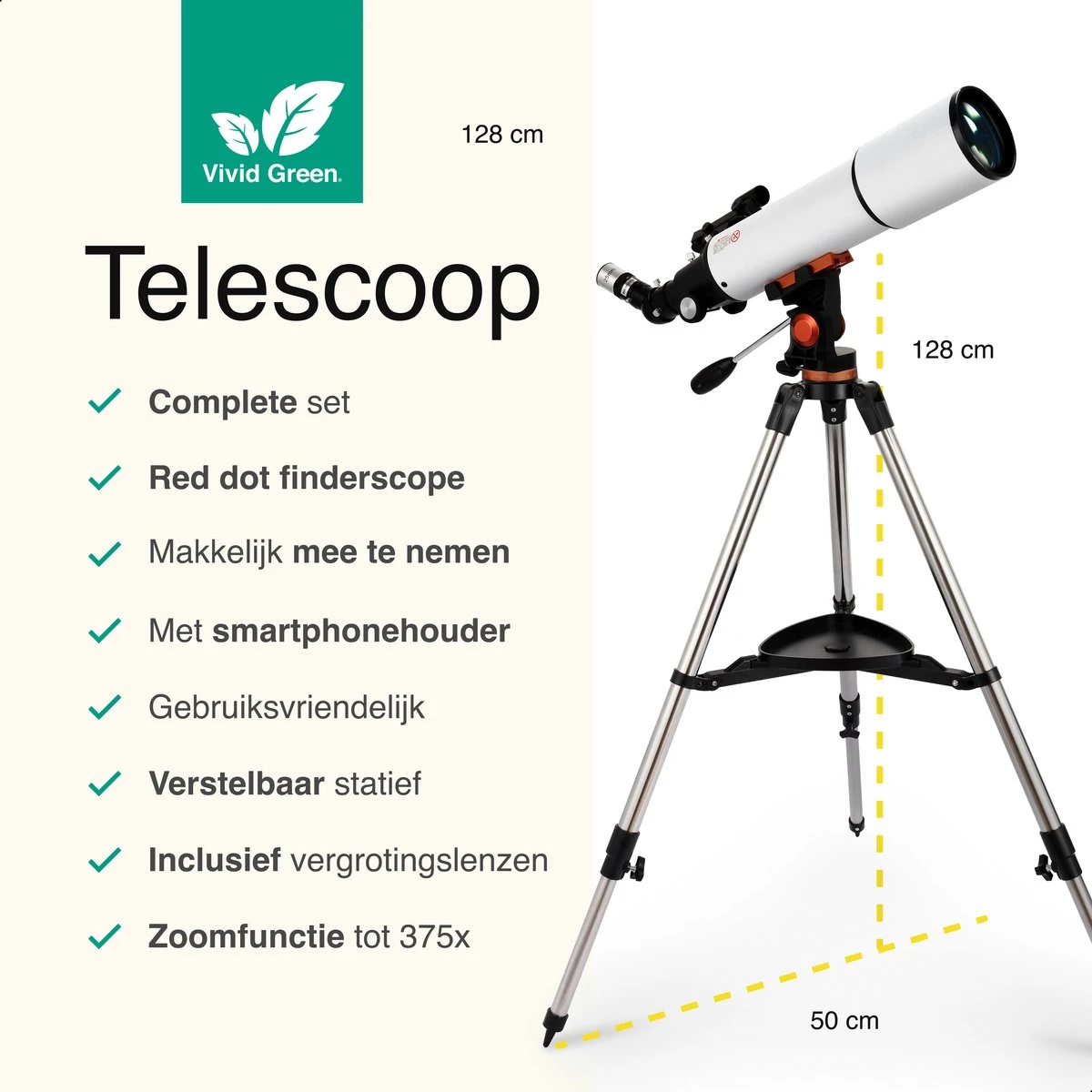 Vivid Green Telescoop Complete Set - 375x Zoom - Sterrenkijker - Geschikt Voor Kinderen En Volwassenen - Wit 2 Vivid Green Telescoop Complete Set - 375x Zoom - Sterrenkijker - Geschikt Voor Kinderen En Volwassenen - Wit - Afbeelding 2
